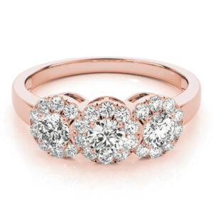 18k Rose Gold Three Stone Round Engagement Rings