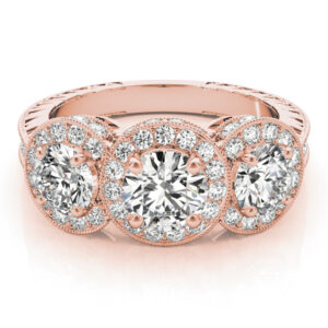 18k Rose Gold Three Stone Round Engagement Rings